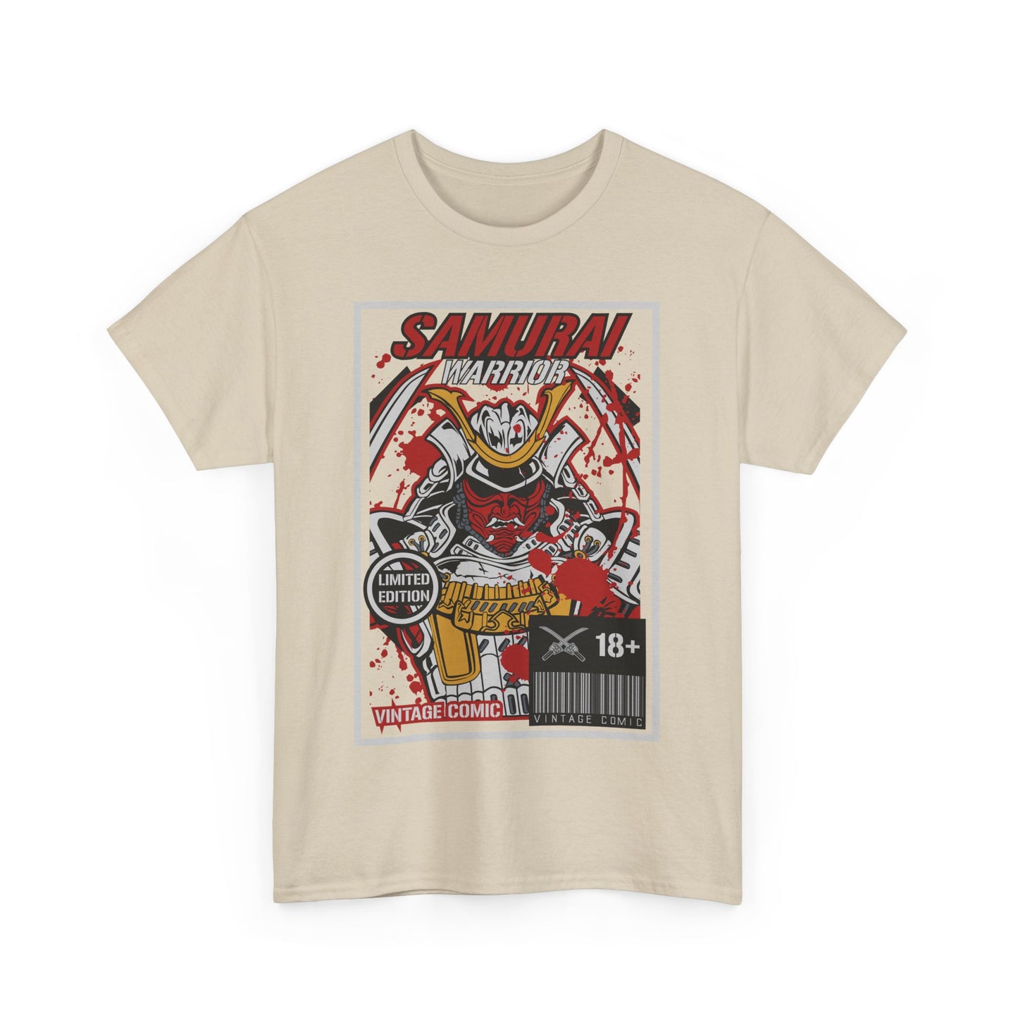 Limited edition vintage comic style graphic t-shirt featuring a bold Samurai Warrior design in light beige, with striking red detailing, perfect for unique fashion statements.