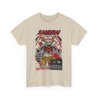 Limited edition vintage comic style graphic t-shirt featuring a bold Samurai Warrior design in light beige, with striking red detailing, perfect for unique fashion statements.