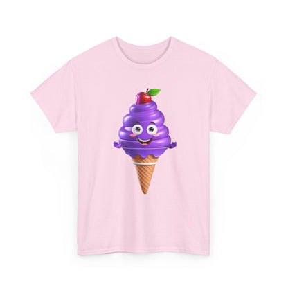 Scoop of Joy: Cartoon Ice Cream Cone Character Tee, vibrant pink t-shirt with a playful cartoon ice cream cone design featuring a cheerful purple scoop and a cherry on top.