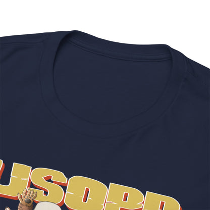 Close-up view of a navy t-shirt collar, showcasing the high-quality fabric and upscale design featuring Usopp, catering to anime lovers who appreciate craftsmanship and luxury.