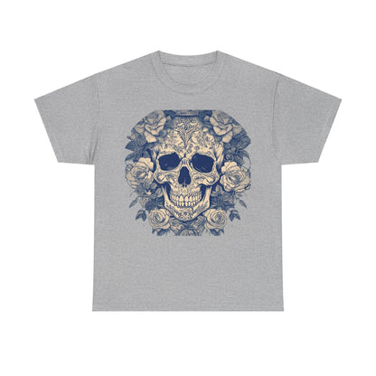 Skulls and Roses Cotton Tee - Unisex Graphic Shirt displayed on a white background, illustrating the intricate skull and roses design, embodying sophistication and uniqueness.
