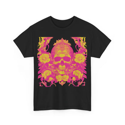 Skulls and Roses Cotton Tee, Unisex Graphic Shirt featuring a bold steampunk design with vibrant skull and rose graphics on a black background.