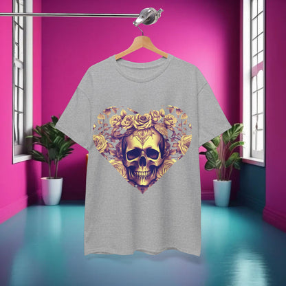 Skulls and Roses Cotton Tee in grey, featuring the exquisite skull intertwined with roses design, hanging in a vibrant pink interior, embodying bold fashion.