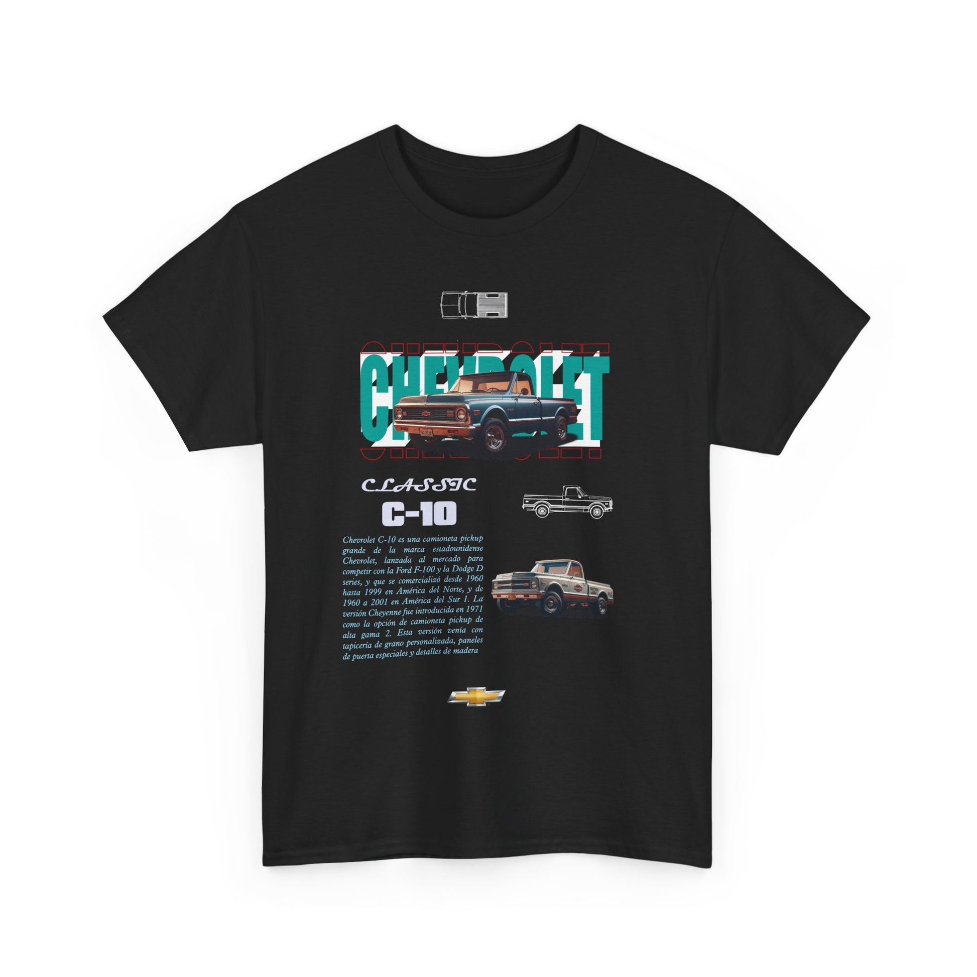 Stylish black t-shirt featuring a vintage Chevrolet C-10 graphic, capturing the essence of classic Americana and automotive nostalgia.