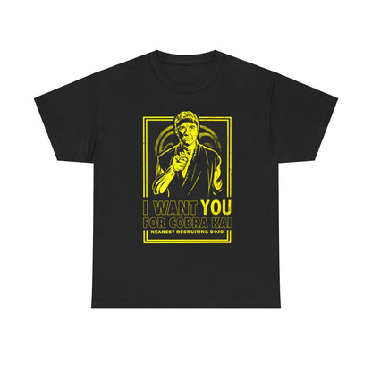 Luxurious graphic tee featuring Cobra Kai design with the text 'I Want You for Cobra Kai' in vibrant yellow against a black background, perfect for fans of martial arts humor.