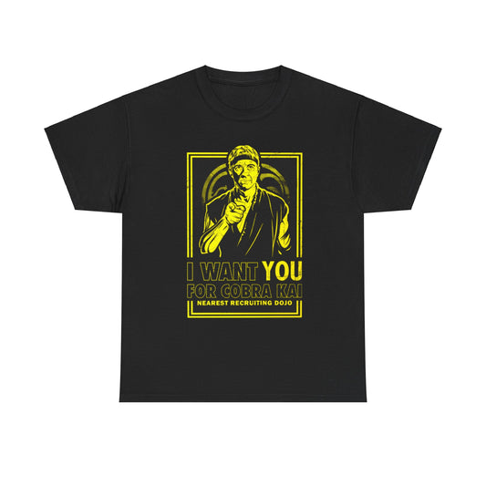 Luxurious graphic tee featuring Cobra Kai design with the text 'I Want You for Cobra Kai' in vibrant yellow against a black background, perfect for fans of martial arts humor.
