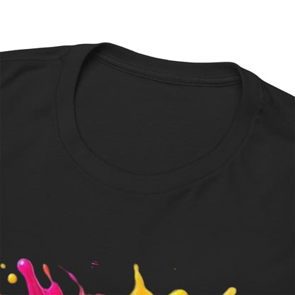 Close-up of the neckline of the Men's Funny Minion Paint Splash T-Shirt showcasing the smooth fabric and vibrant paint splash design, ideal for art lovers and Minion enthusiasts.