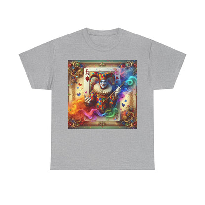 Chic Harlequin Playing Card Graphic Tee in grey showcasing a whimsical graphic of a playful jester, ideal for elevating casual outfits.