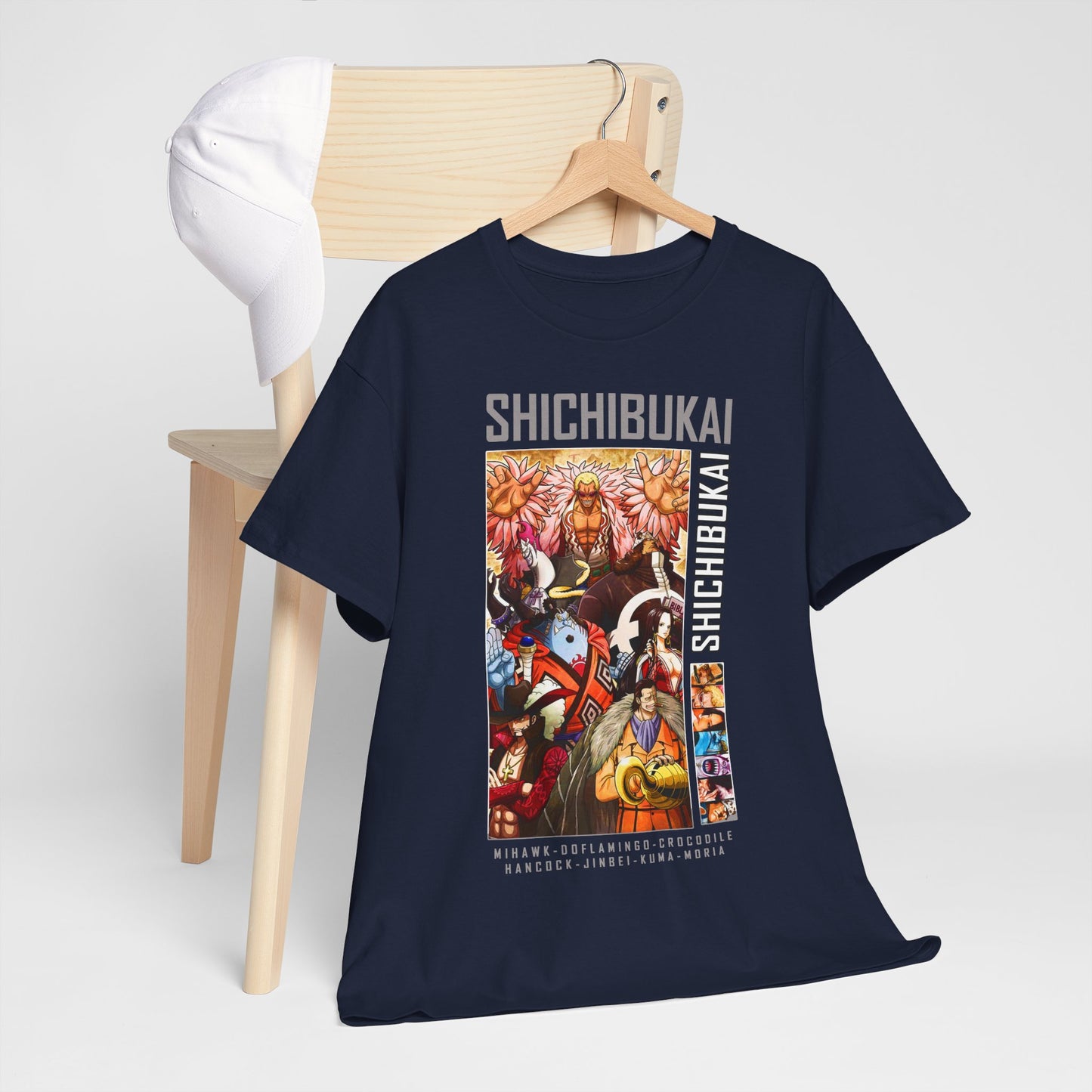 Stylish presentation of One Piece Shichibukai T-shirt with a cap, highlighting unique anime character designs.