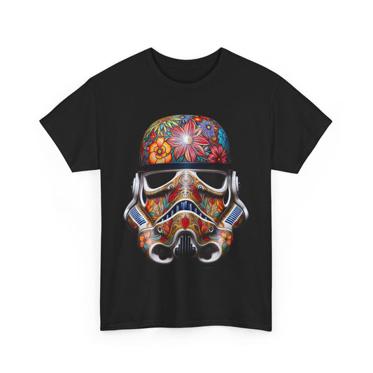 Artistic Stormtrooper graphic t-shirt for men and women, featuring a vibrant floral design on a black cotton fabric, perfect for fans of Star Wars and unique artistry.