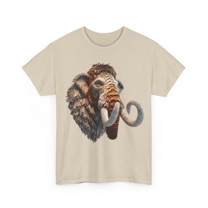 Mammoth Majesty Unisex Graphic Tee featuring a stunning mammoth design with intricate textures, elegantly displayed on a premium beige cotton shirt.