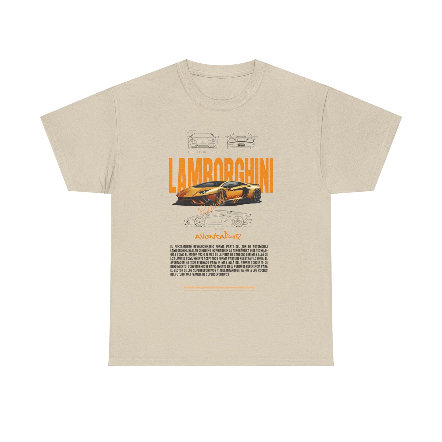Stylish beige Lamborghini Aventador graphic tee with vibrant orange lettering and meticulous vehicle drawings, tailored for discerning car lovers.