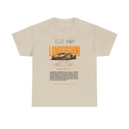 Stylish beige Lamborghini Aventador graphic tee with vibrant orange lettering and meticulous vehicle drawings, tailored for discerning car lovers.
