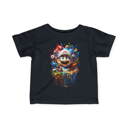 Luxury Unisex Baby's Computer Game Graphic Tee in navy, featuring a vibrant Mario-themed design, suitable for infants aged 6 months to 2 years.