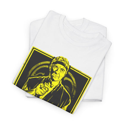 Sophisticated display of folded graphic t-shirts adorned with 'I Want You for Cobra Kai' illustration, symbolising a blend of comfort and martial arts spirit.