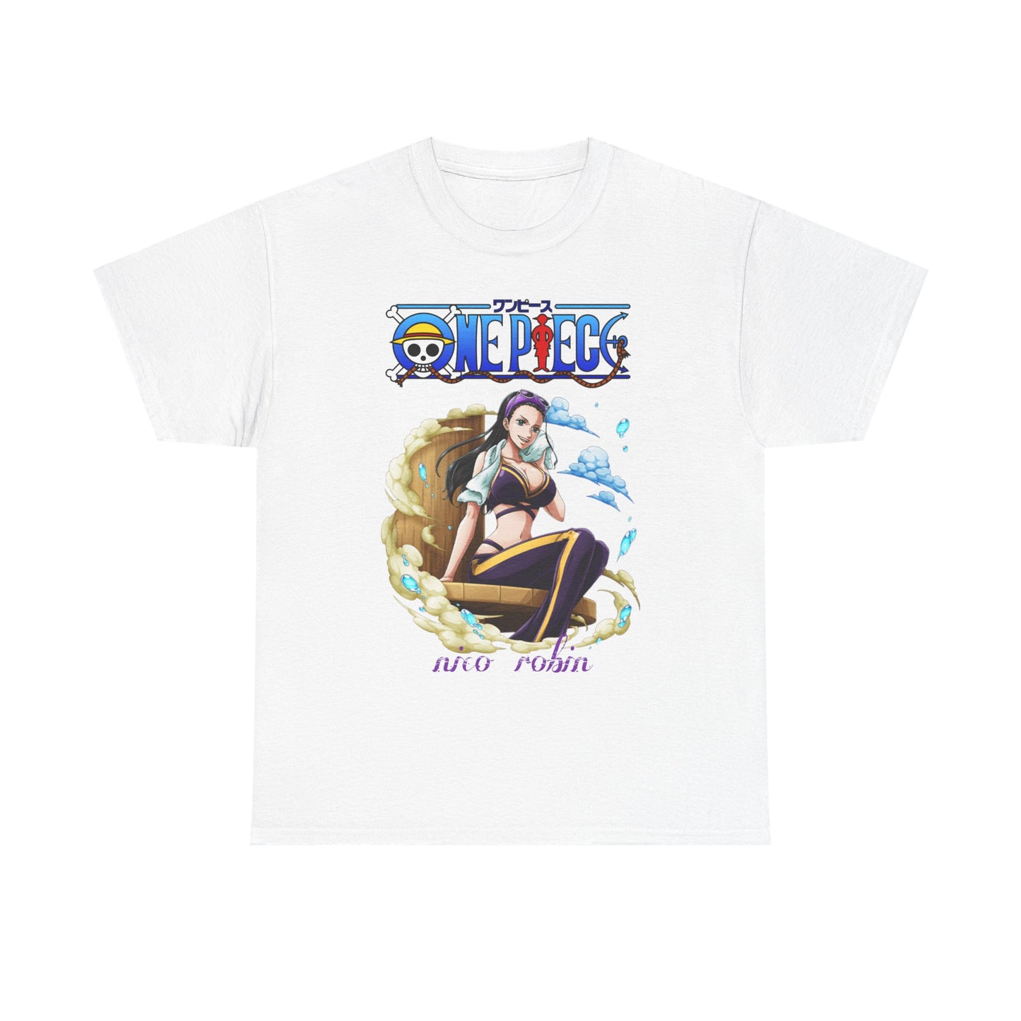 Luxury white t-shirt featuring a striking illustration of Nico Robin from One Piece, adorned with vibrant colours and elegant graphic design.