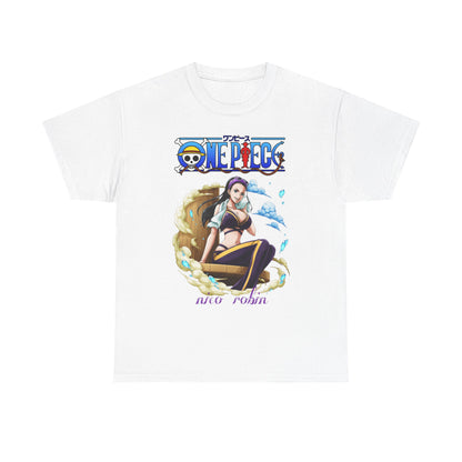 Luxury white t-shirt featuring a striking illustration of Nico Robin from One Piece, adorned with vibrant colours and elegant graphic design.