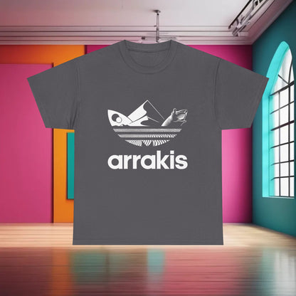 Arrakis Dune Graphic T-Shirt featured prominently in an elegant space, highlighting its captivating design ideal for casual outings and artistic wear.