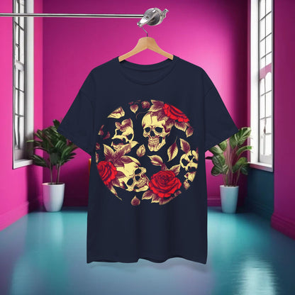 Stylish Skulls and Roses Cotton Tee displayed in a chic indoor setting, featuring an exquisite skull and rose graphic, ideal for making a bold fashion statement.