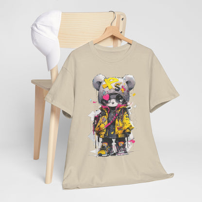 Men's panda bear t-shirt draped over a stylish wooden chair with a cap, reflecting a modern lifestyle and luxury fashion.