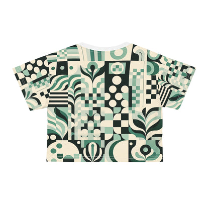 Close-up view of the Daria Bellucci Stylish Crop Top in Pastel Green by Dazzling Dreams Studio, highlighting the intricate abstract patterns and soft silky texture.