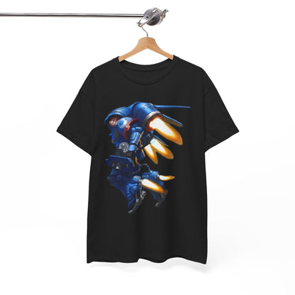 Sophisticated black tee artfully folded, featuring an eye-catching mecha design in bold blue and fiery orange, perfect for casual luxury.