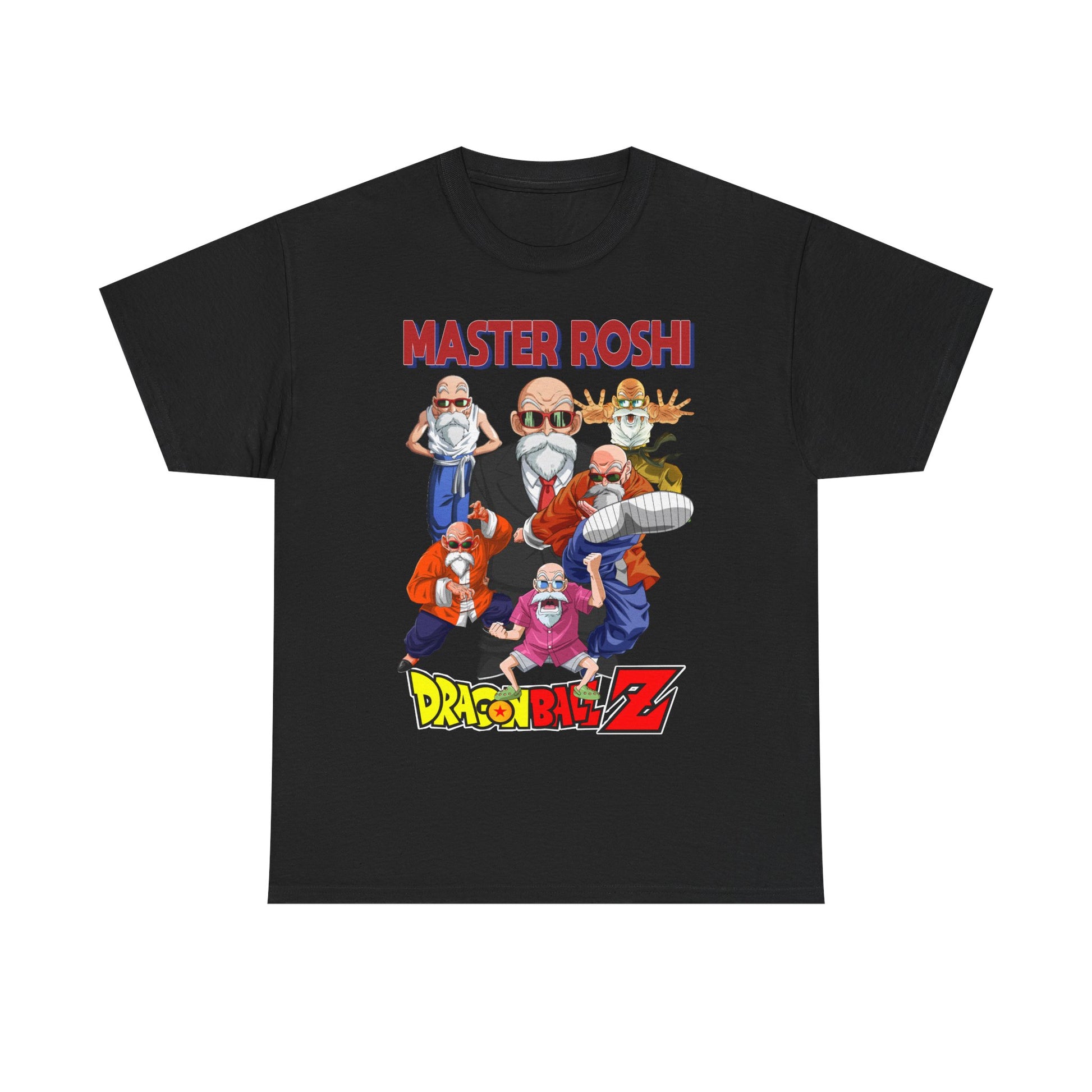 Luxury Dragon Ball Z Master Roshi men's T-shirt featuring a vibrant graphic print of Master Roshi's iconic poses against a sleek black background, perfect for anime enthusiasts.