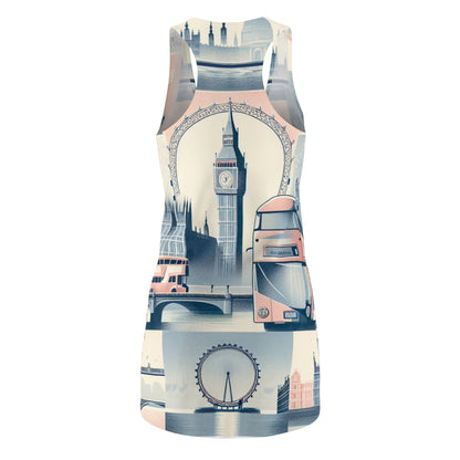 Close-up of the Valentina Noir London Pastel Racerback Dress highlights its feminine silhouette adorned with charming illustrations of double-decker buses and the River Thames.