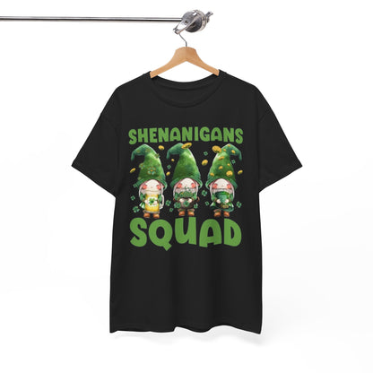 Shenanigans Squad St. Patrick's Day T-Shirt displayed on a hanger highlighting its charming leprechaun design, a delightful choice for holiday festivities.