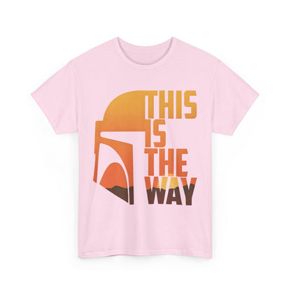 Front view of the pink Mandalorian Star Wars This is the Way Logo Graphic Unisex Tee Shirt, featuring a stylish design that pays homage to the iconic saga.