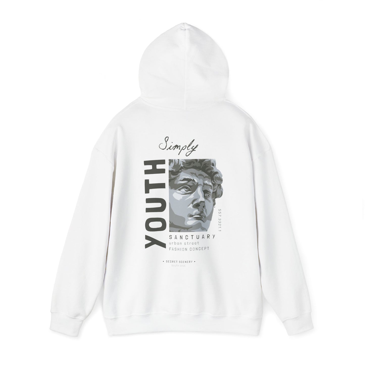 Stylish white back print hoodie featuring an artistic bust design with the word 'Youth' and a sophisticated urban street fashion aesthetic.