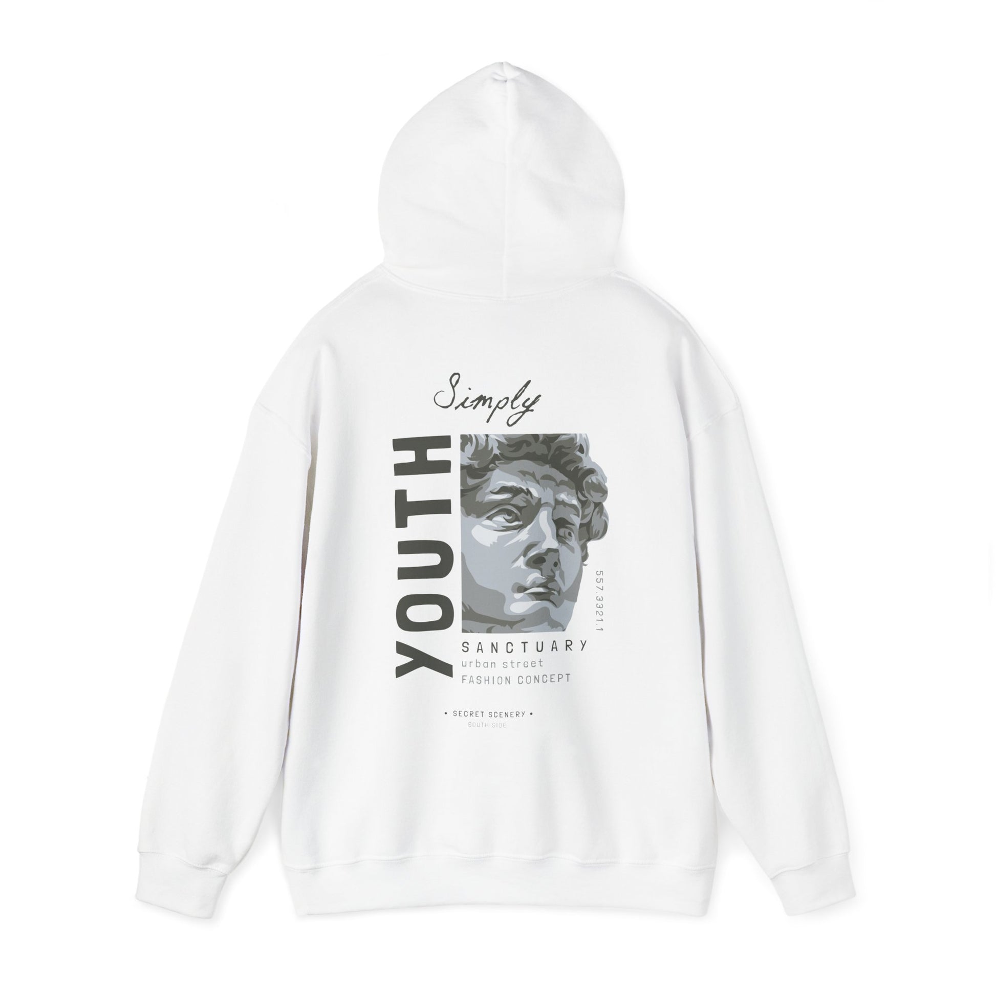 Stylish white back print hoodie featuring an artistic bust design with the word 'Youth' and a sophisticated urban street fashion aesthetic.