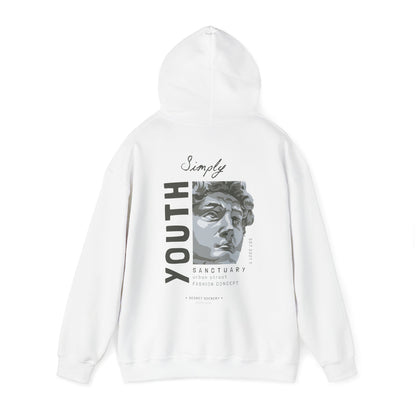 Stylish white back print hoodie featuring an artistic bust design with the word 'Youth' and a sophisticated urban street fashion aesthetic.