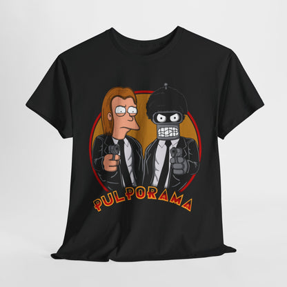 Futurama Pulp Fiction Unisex Mens Womens Graphic Funny T Shirt. Stylish black tee featuring iconic characters in sleek lab coats, poised with handguns, against a vibrant orange background, perfect for urban streetwear.