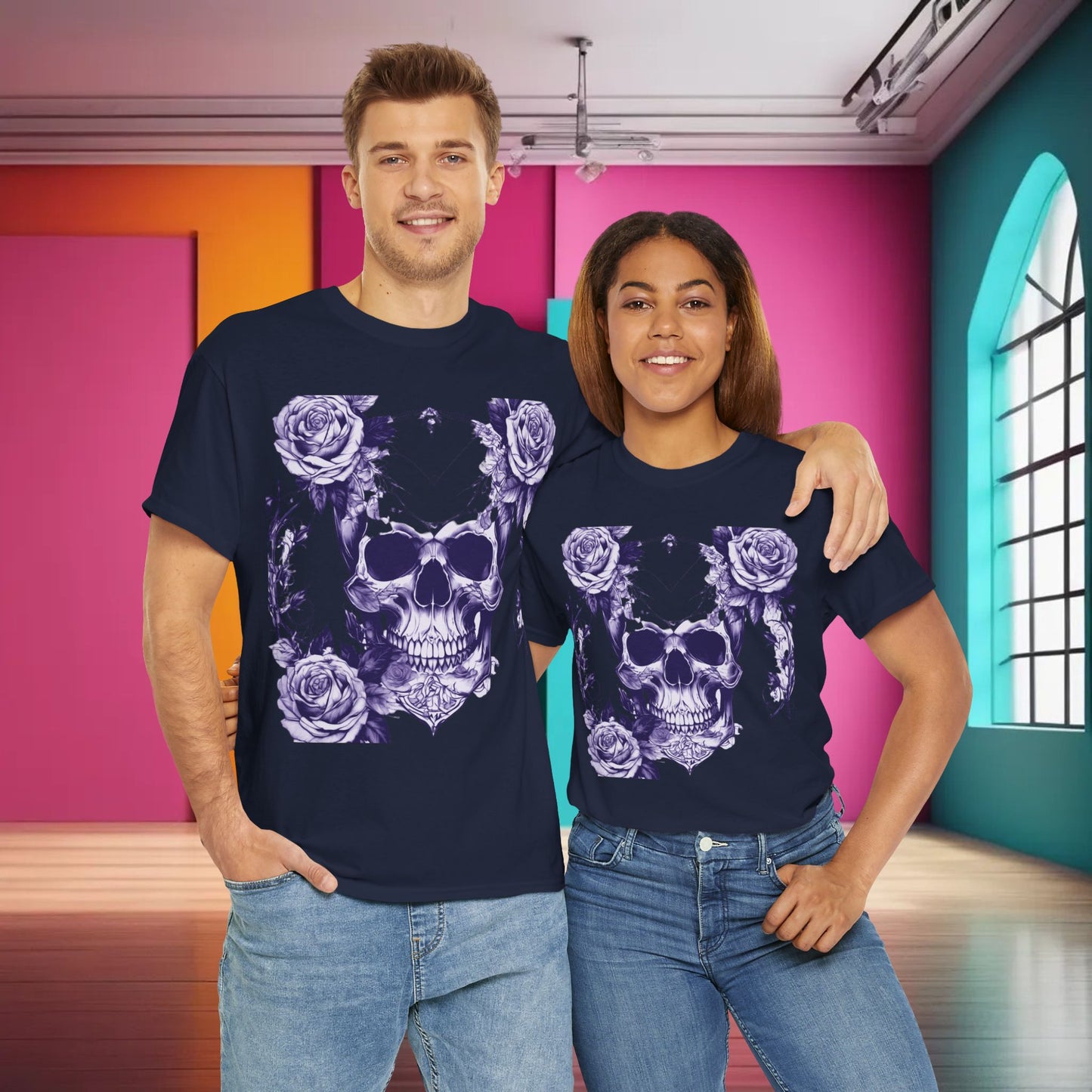 Skulls and Roses Cotton Tee, Unisex Graphic Shirt, 7 color choice