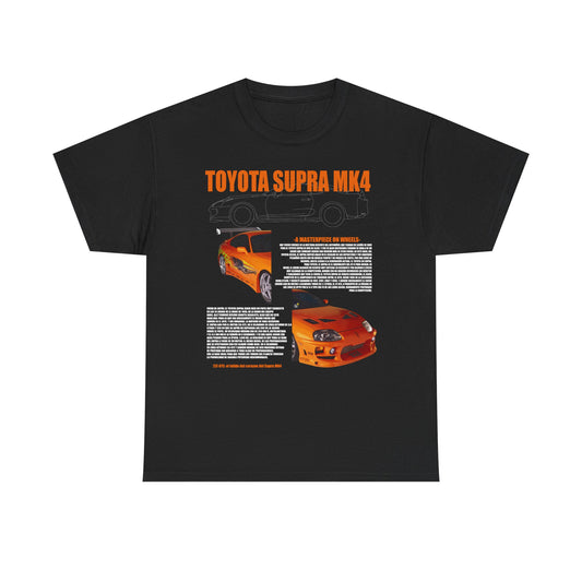 Sophisticated black t-shirt adorned with the legendary Toyota Supra MK4 graphic artwork, presenting a striking orange car depiction and informative text celebrating its automotive heritage.