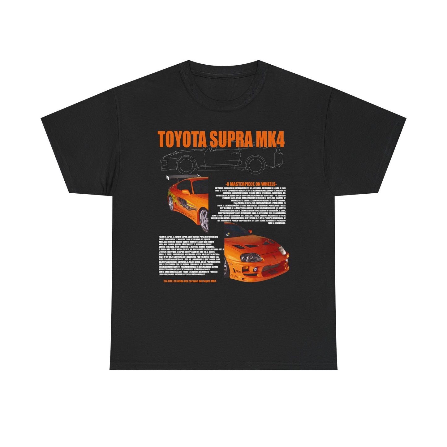 Elegant black men's t-shirt adorned with striking Toyota Supra MK4 graphic artwork, combining detailed imagery and informative text, perfect for car aficionados.