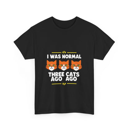 Luxury crazy cat lady graphic t-shirt in black, featuring a playful design with three orange cat faces and the phrase 'I Was Normal Three Cats Ago'. Perfect for feline enthusiasts.