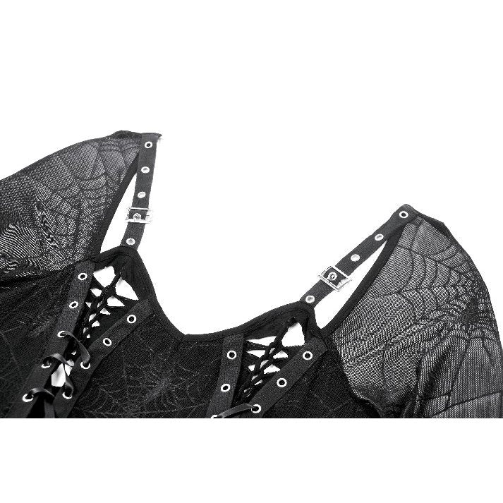 Full-length view of the Gothic-inspired Spider Print Long Dress, highlighting its ethereal silhouette and striking design.