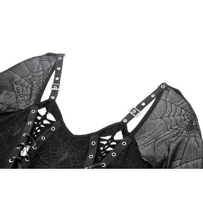 Full-length view of the Gothic-inspired Spider Print Long Dress, highlighting its ethereal silhouette and striking design.