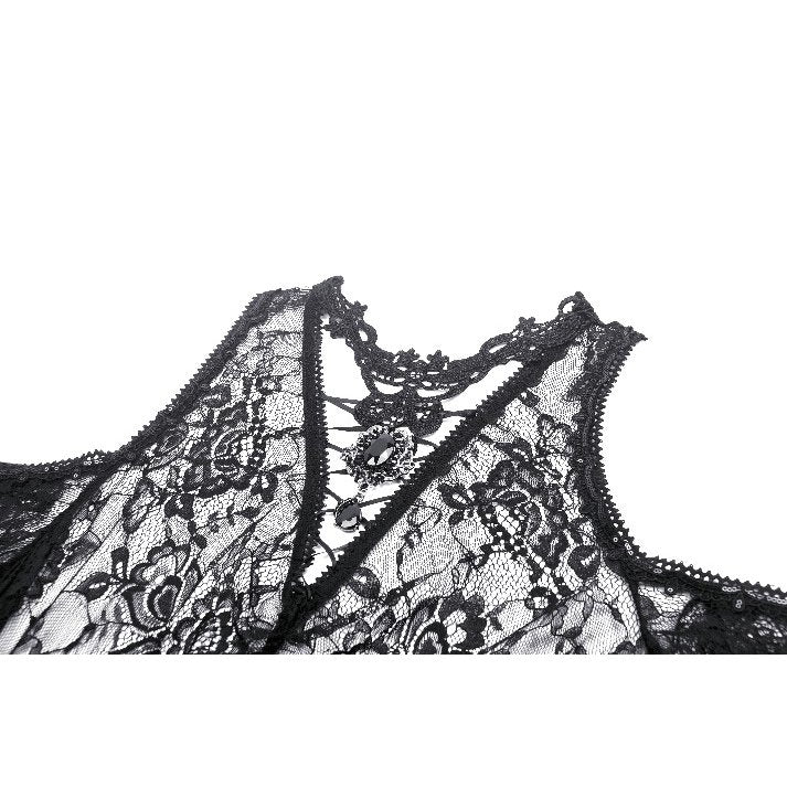 Carys Black Gothic Asymmetrical Lace Off-Shoulder Dress featuring elegant rhinestone detailing by Dark in Love.