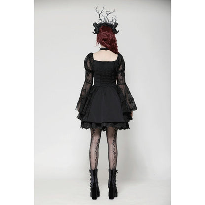 Back view of the Dark In Love Blanche Victorian gothic dress highlighting the corseted waist and flared skirt, designed to enhance your silhouette beautifully.