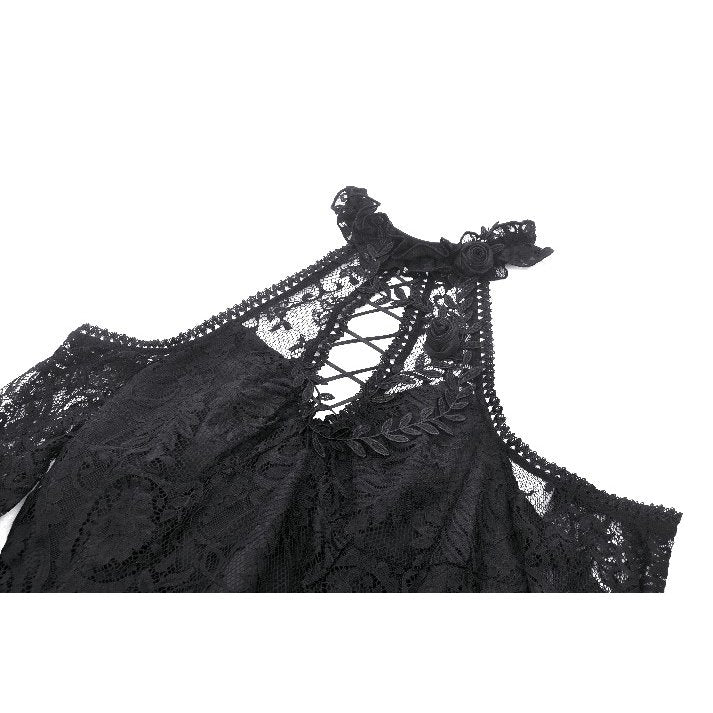 Close-up of the Dark in Love Gem Gothic Tail Dress showcasing the exquisite lace textures and asymmetrical hem.