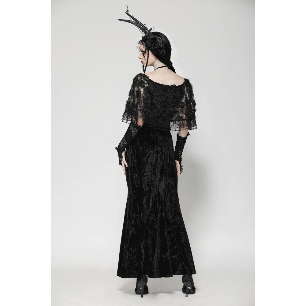 Fashion model wearing the Dark in Love Alazne Dark Rose Embroidered Layered Mermaid Maxi Dress, epitomising gothic elegance for formal events.