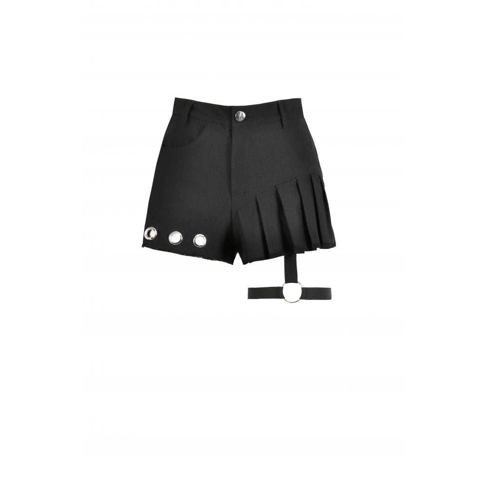 Flat lay of the high-waisted black garter shorts featuring pleated paneling, showcasing luxurious fabric and stylish design elements.