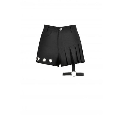 Flat lay of the high-waisted black garter shorts featuring pleated paneling, showcasing luxurious fabric and stylish design elements.