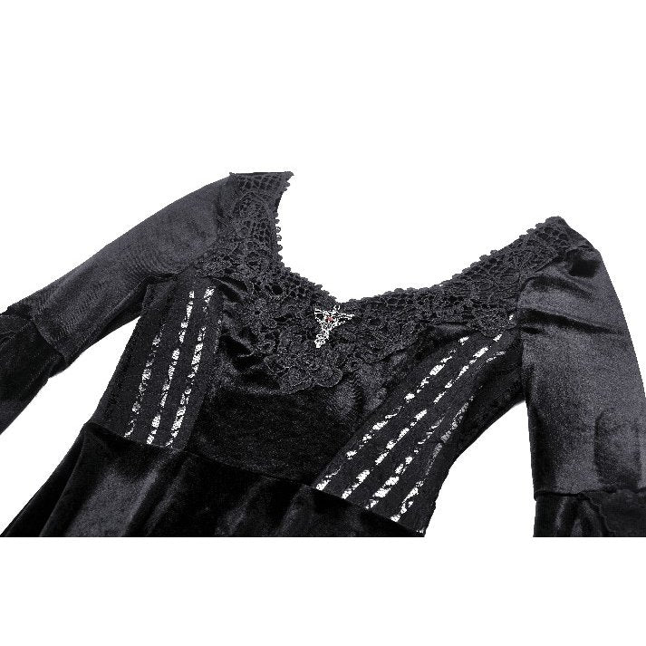 Stylish depiction of the Dark In Love Petricka Velvet Maxi Dress adorned with a cross pendant, perfect for enhancing your dark and mysterious aesthetic.