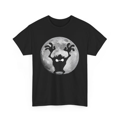 Elegant unisex t-shirt design displaying the playful silhouette of Taz the Tasmanian Devil with arms raised, enhanced by a luminous full moon backdrop.