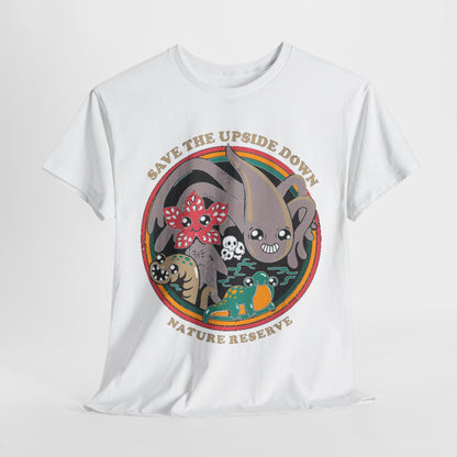 Luxurious 'Save the Upside Down' graphic t-shirt featuring whimsical cartoon creatures, perfect for fans of Stranger Things. Unisex cotton tee showcasing vibrant prints, ideal for casual urban streetwear.
