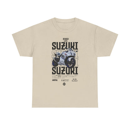 Elegant Suzuki GSX-R T-Shirt in beige showcasing striking motorcycle design and stylish text, perfect for motorcycle lifestyle aficionados.